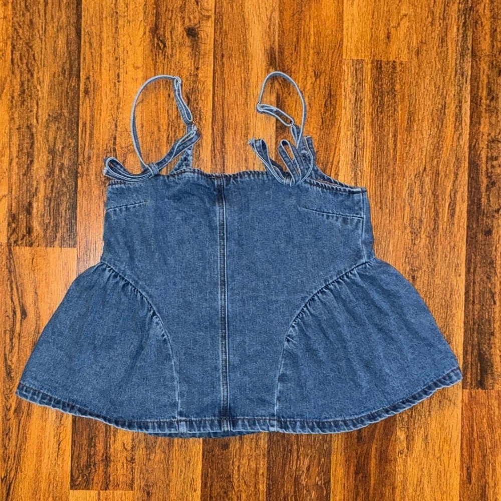 Cider Women Blue Denim Peplum Camisole Top Smocked Back Adjustable Straps Size S